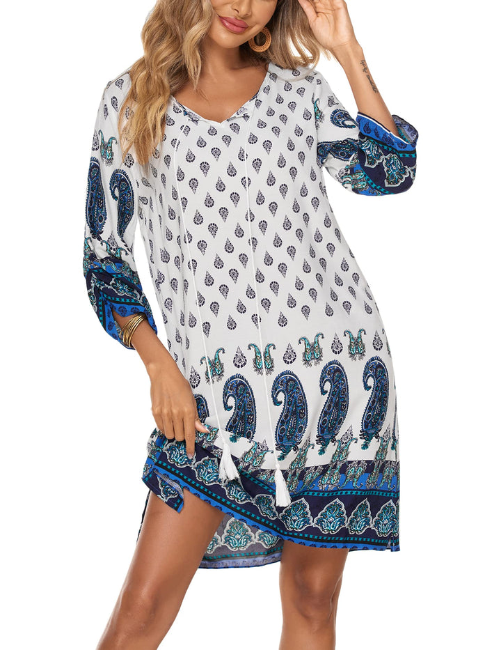Beyove Damen Tunika Kleid Bohemian Strandkleid 3/4-Arm Sommerkleider Vintage Strandtunika Sommer Kle