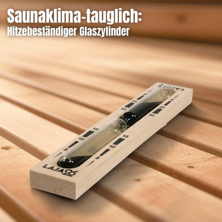 LaJa26 Sauna Sanduhr "Small" schwarzer Sand - FSC Espenholz - Drehgestell aus Holz zur Montage an de