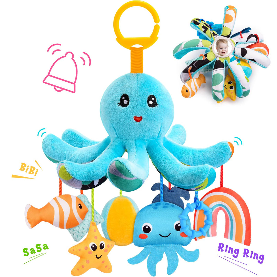 Plüsch Oktopus Baby Spielzeug 0-18 Monate – mit 8 hängenden Sensory-Spielzeugen &amp; Spiegel– Baby Mont