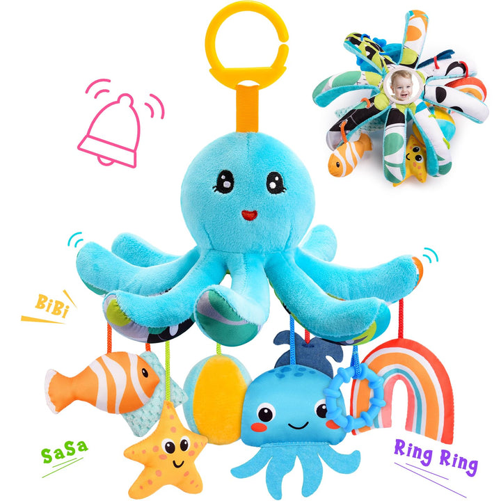 Plüsch Oktopus Baby Spielzeug 0-18 Monate – mit 8 hängenden Sensory-Spielzeugen &amp; Spiegel– Baby Mont