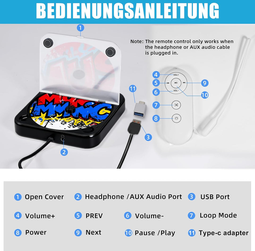CD Player für Auto, Externer Universal Auto CD Player mit USB/AUX-Anschluss, Plug &amp; Play, Anti-Skip-
