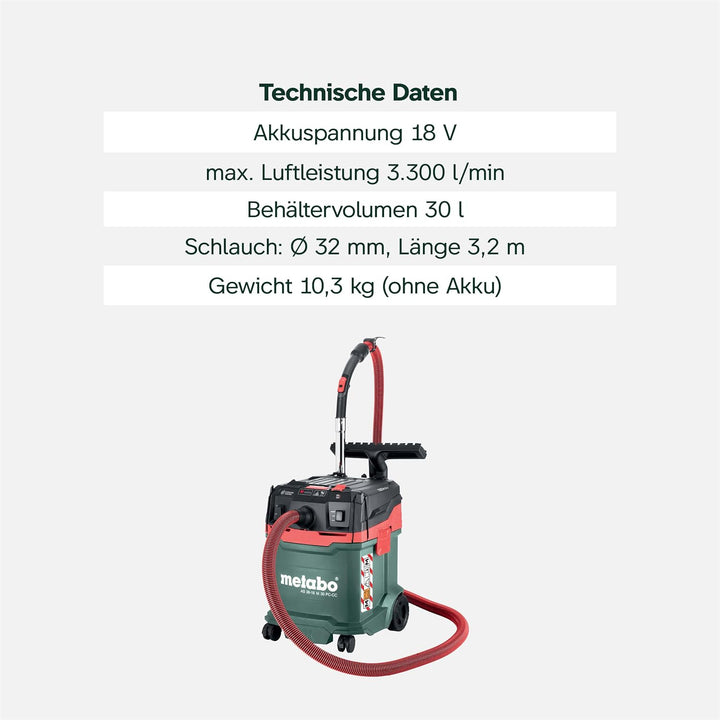metabo AS 36-18 M 30 PC-CC Akku-Sauger, 30 l Nass- und Trockensauger