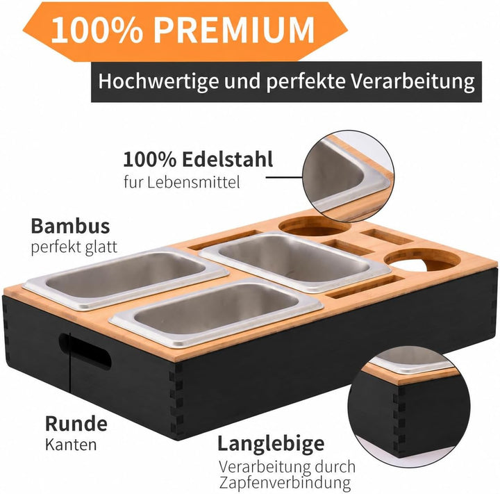 Couchbar Snackbox, Snackspender mit 3X Snackschale, Bambus Sofatablett für Sofa, Deko, Couch Bar mit