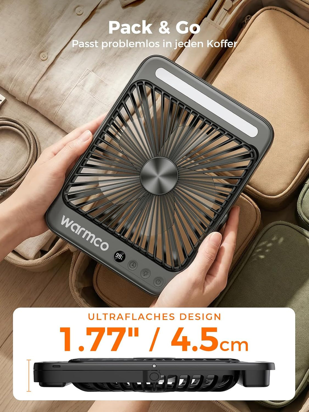 Warmco D4 Pro Camping Ventilator, 20000mAh 22.5W 27cm Ultra-Dünner Akku Ventilator mit LED-Licht, 15
