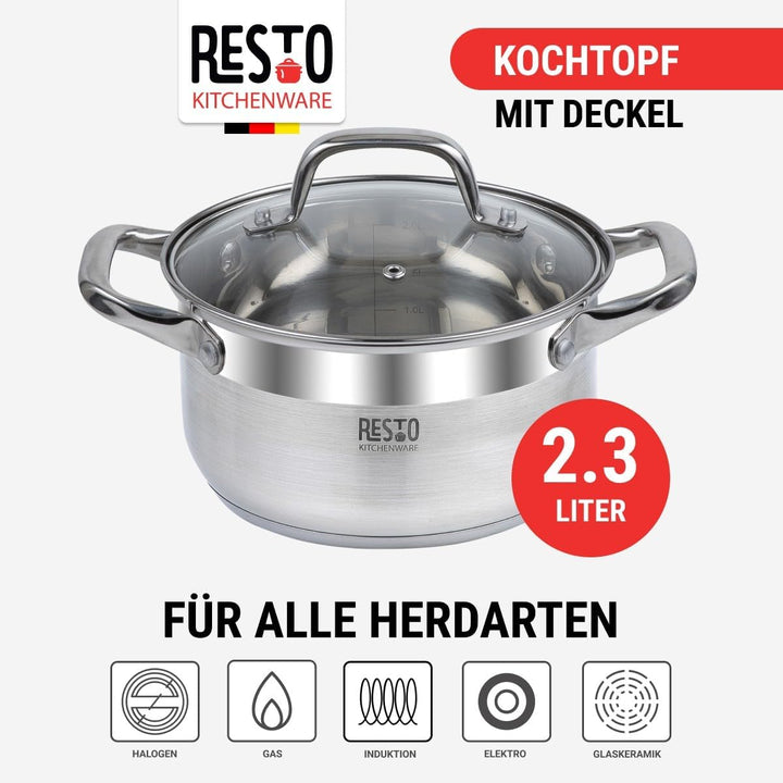 RESTO Edelstahltopf 18 cm, klein, small cooking pot 2 l - Milchtopf – Edelstahl Kochtopf für alle He