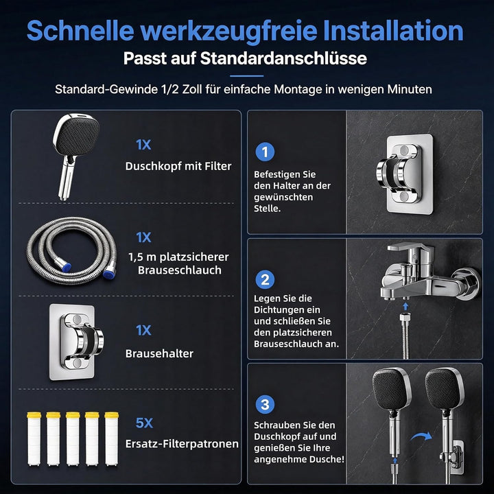 Duschkopf mit Filter, Duschbrause mit Schlauch, Shower Head 4 Modi Luft Einspeisung Druckverstärkter