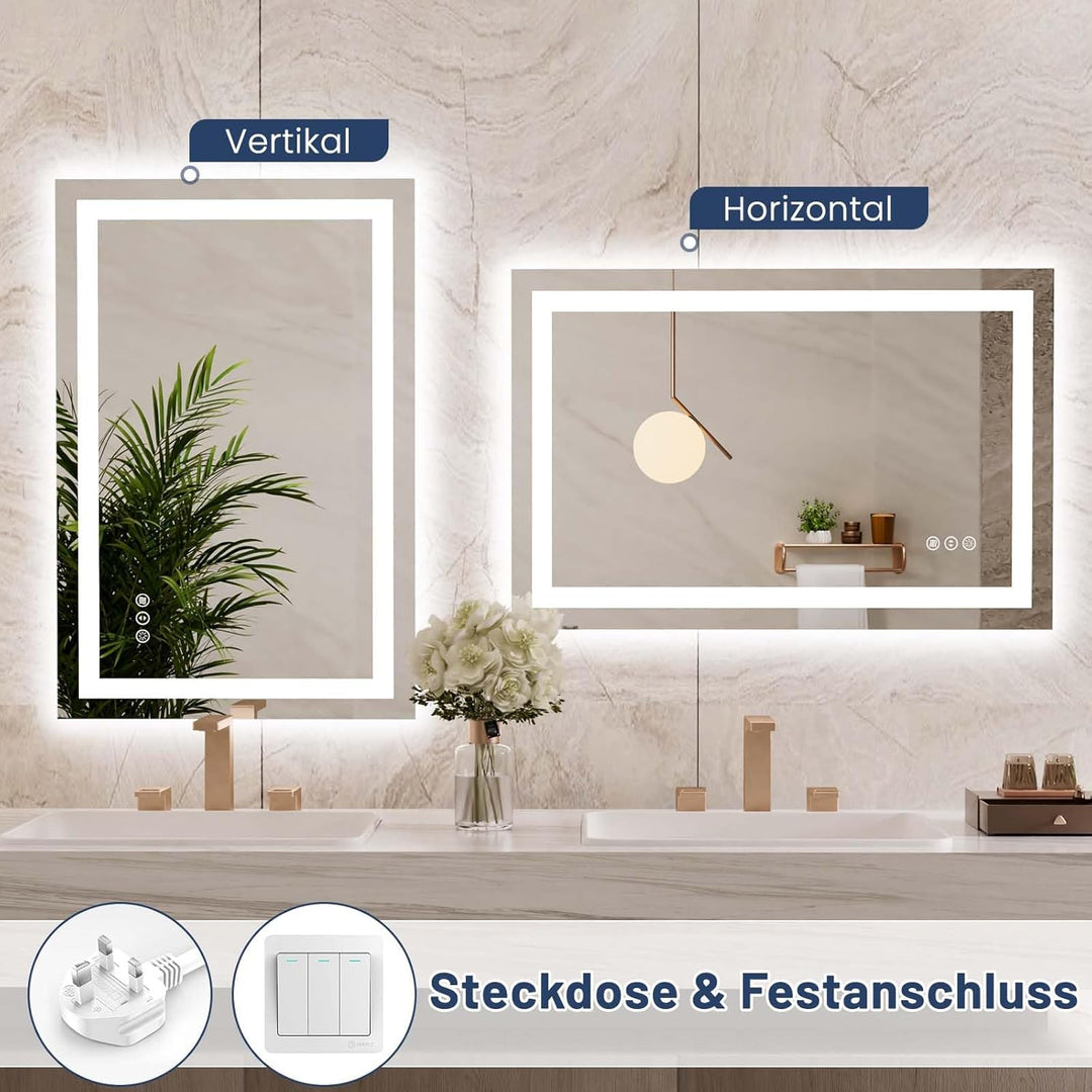 WEER Badezimmerspiegel mit LED-Leuchten, 60 x 90 cm Wandmontierter Kosmetikspiegel, 3 Farben Dimmbar