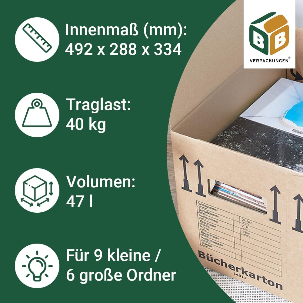BB-Verpackungen 15 x Bücherkartons Profi 500 x 300 x 350 mm (stabil 2-wellig, doppelter Boden, Akten
