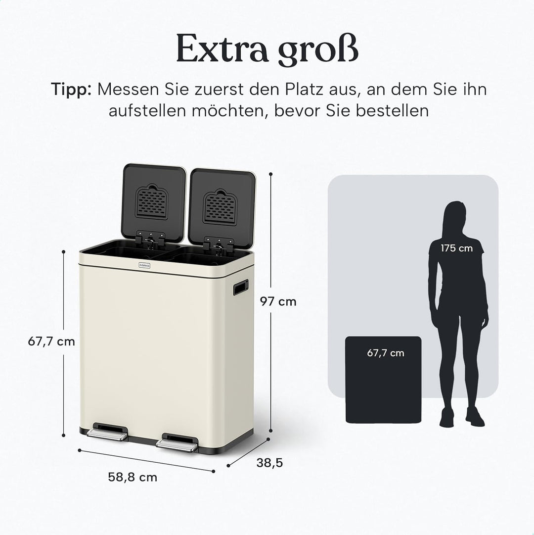 Mülleimer Küche 2 Fächer 60L – Doppelmülleimer mit FreshAura Geruchsfilter – Duo Slow Close Tretmüll