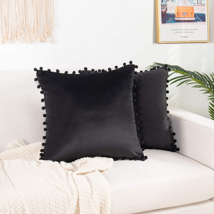 Elegant Comfort POM Fransen Set von 2 Stück Samt Weich Solide Dekorative Quadratisch Wurfkissenbezüg