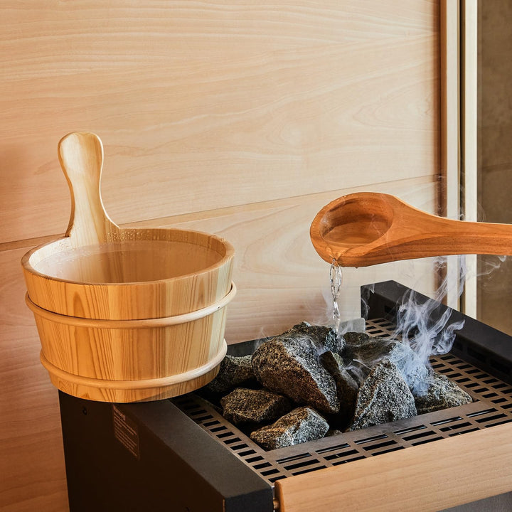 SUNNYDEALS klassisches Saunazubehörset | Saunaset 4-teilig aus naturbelassenem Holz | Saunaeimer &amp; K