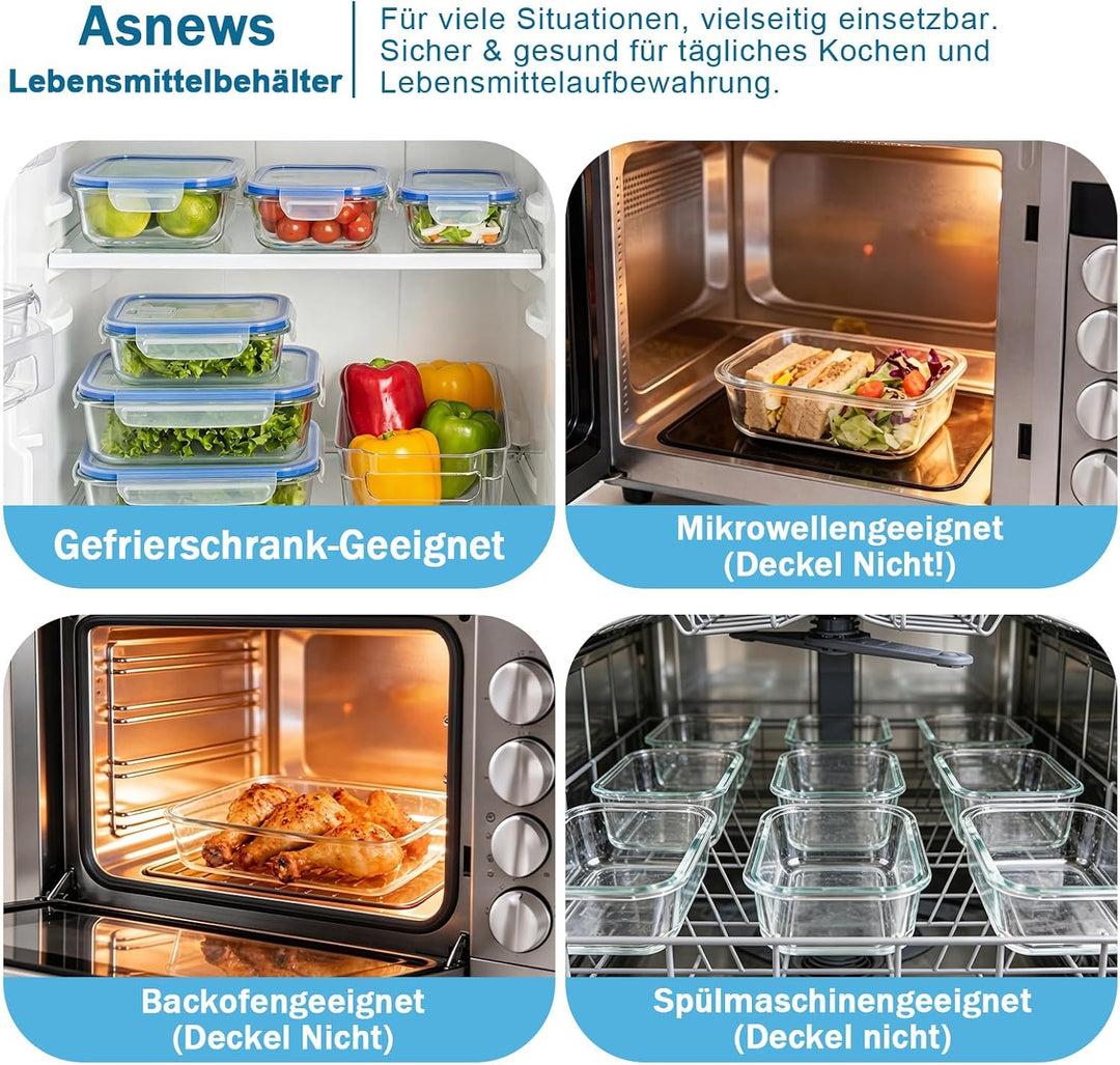 Glasbehälter mit Deckel 16-teilig(8 Behälter&amp; 8 Deckel),Meal Prep Boxen Glas,Spülmaschinenfest, Mikr