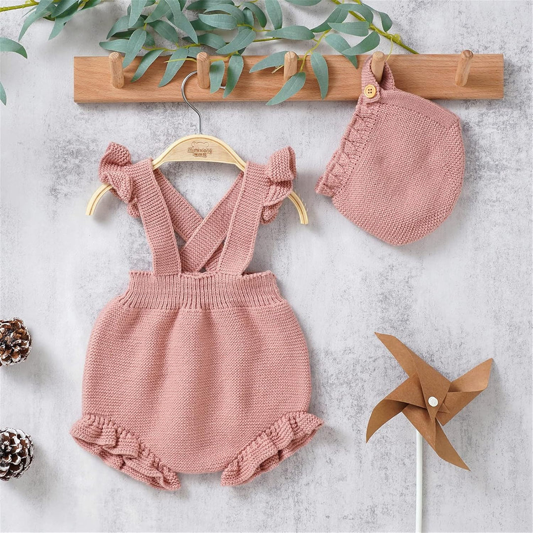 Neugeborenes Mädchen Strap Solide Gestrickte Rüschen Pullover Baby Overall Strampler Mit Hut Outfits