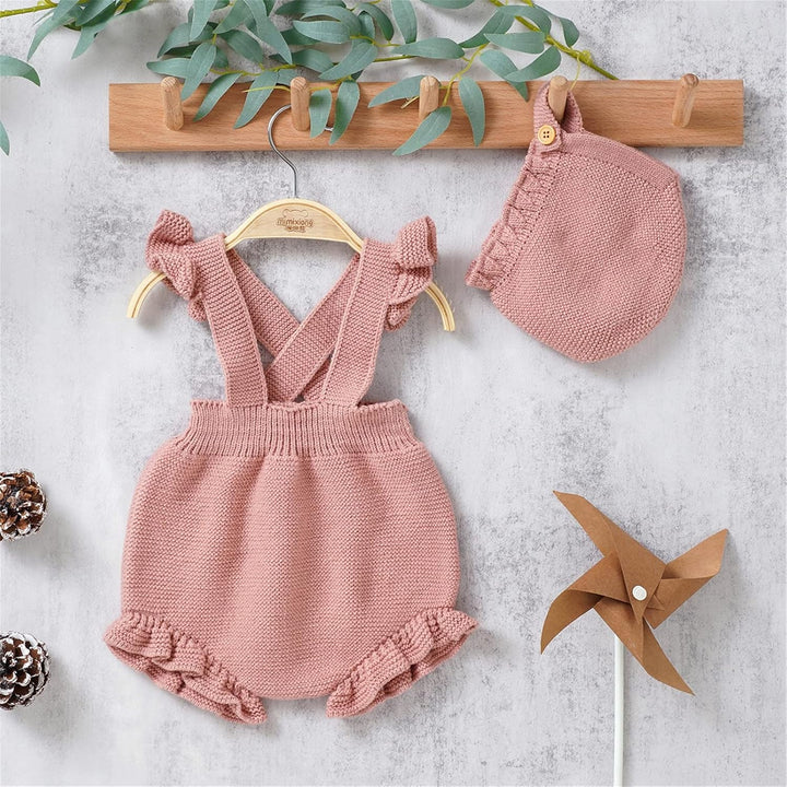 Neugeborenes Mädchen Strap Solide Gestrickte Rüschen Pullover Baby Overall Strampler Mit Hut Outfits