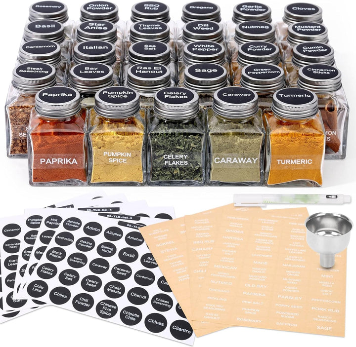 MIUKAA 29er Gewürzgläser Eckig Set mit Etiketten, 130ml Personalisierter Gewürzdosen, Klare Gewürzbe