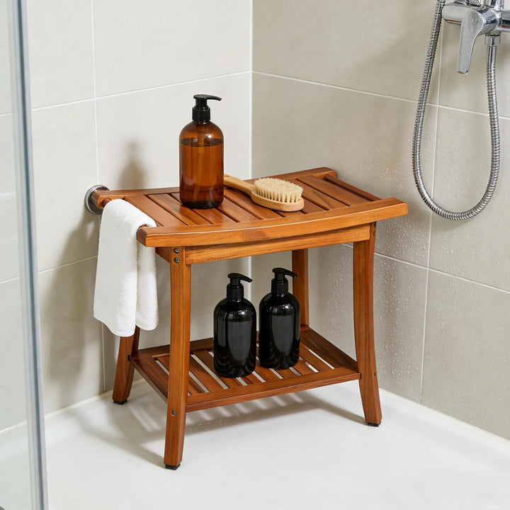 Utoplike Teakholz-Duschbank mit Tragegriffen, tragbarer hölzerner Spa-Badhocker mit Handtuchhalter,