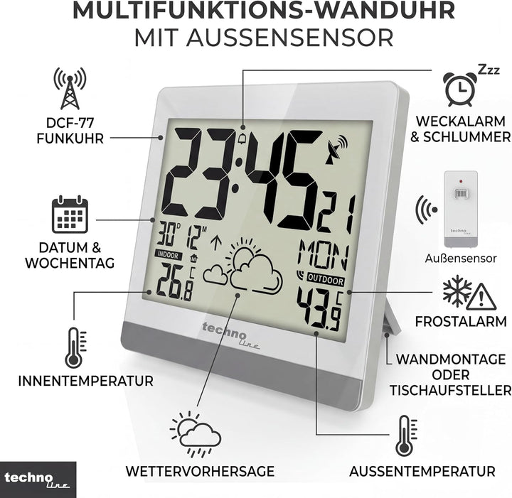 technoline WS8119 digitale Funkwanduhr mit Temperaturanzeige und Wettervorhersage