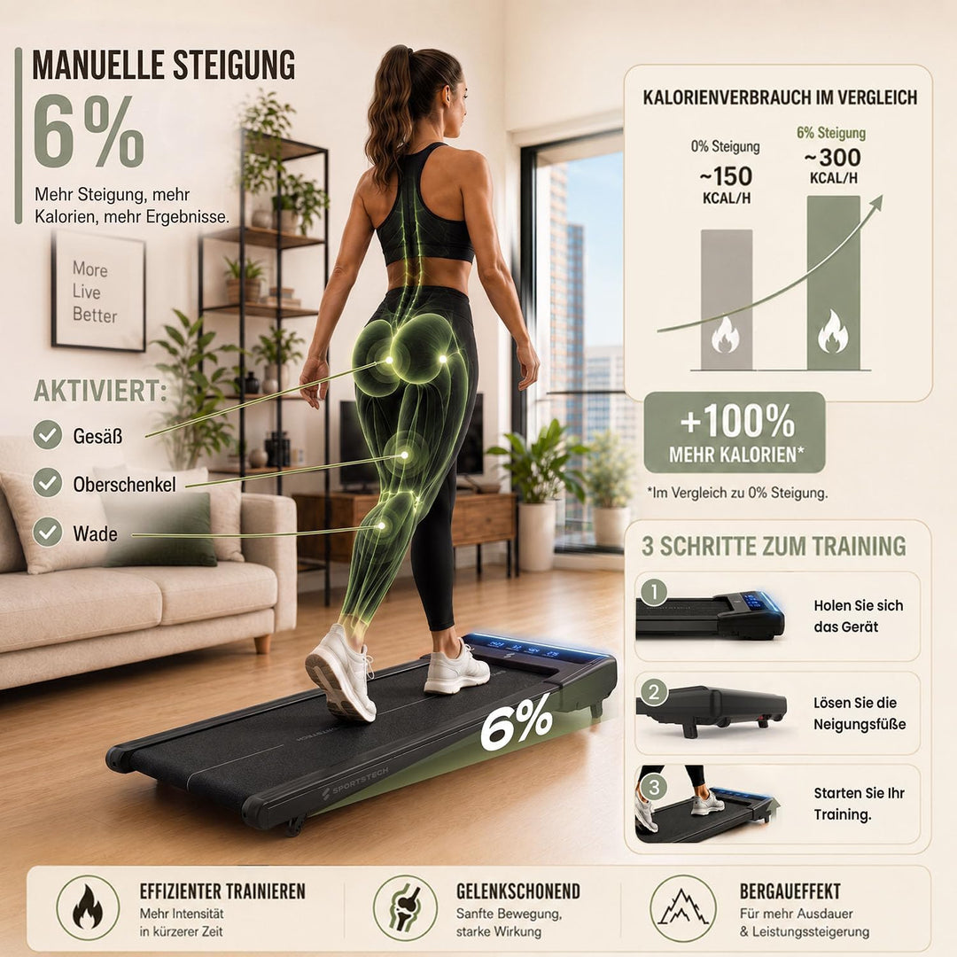 Sportstech sWalk Lite Walking Pad Laufband für Zuhause &amp; Schreibtisch, mit Steigung 6%, bis 6 km/h,
