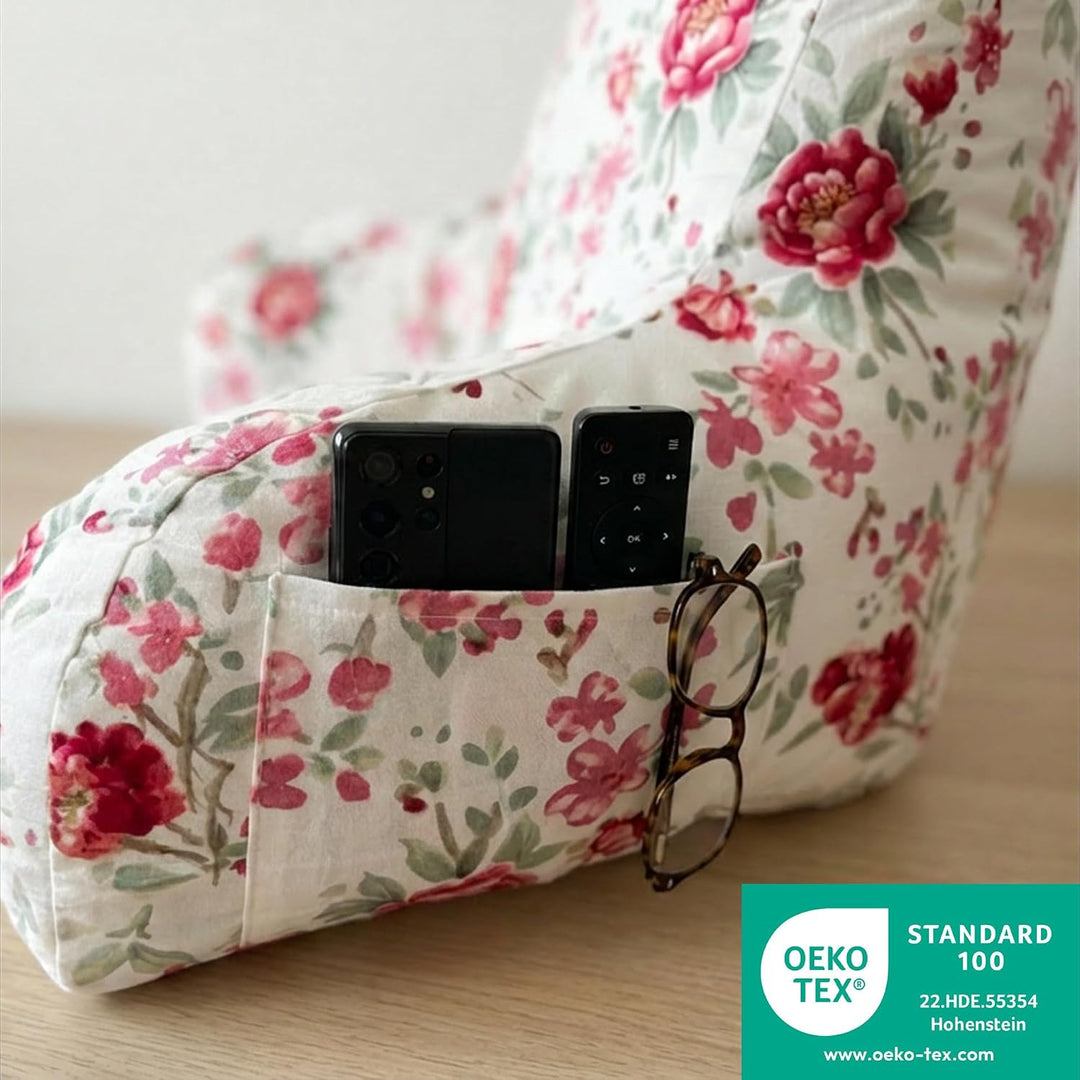 Delindo Lifestyle Lesekissen Bett mit Armlehnen, Rosen Rückenkissen für Erwachsene mit Zwei Seitenta