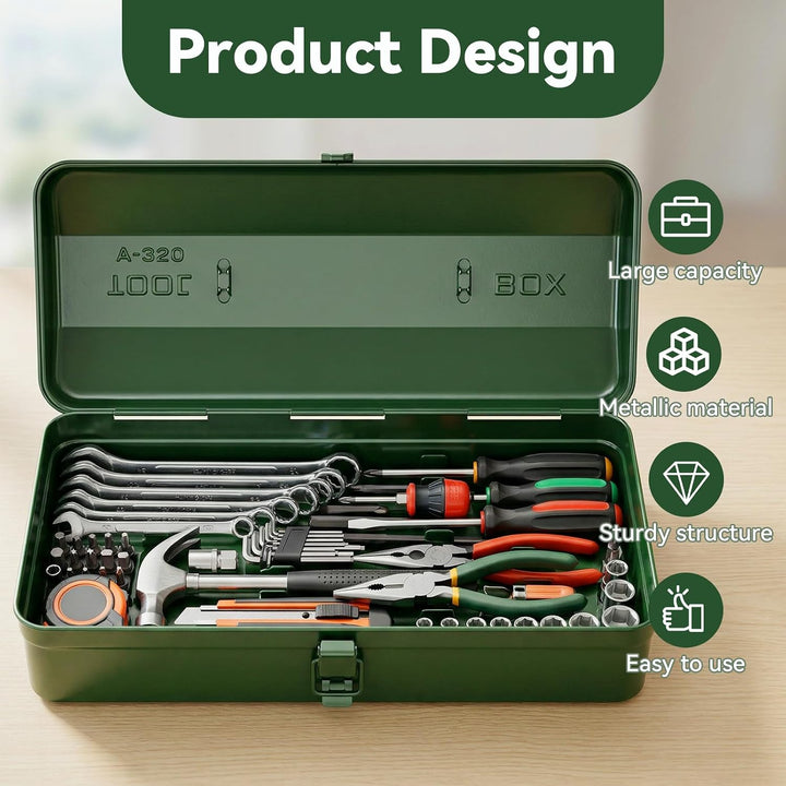Werkzeugkiste Metall Leer 37x16x12cm - Kleiner Werkzeugkasten mit Tragegriff und Verriegelung, Viels