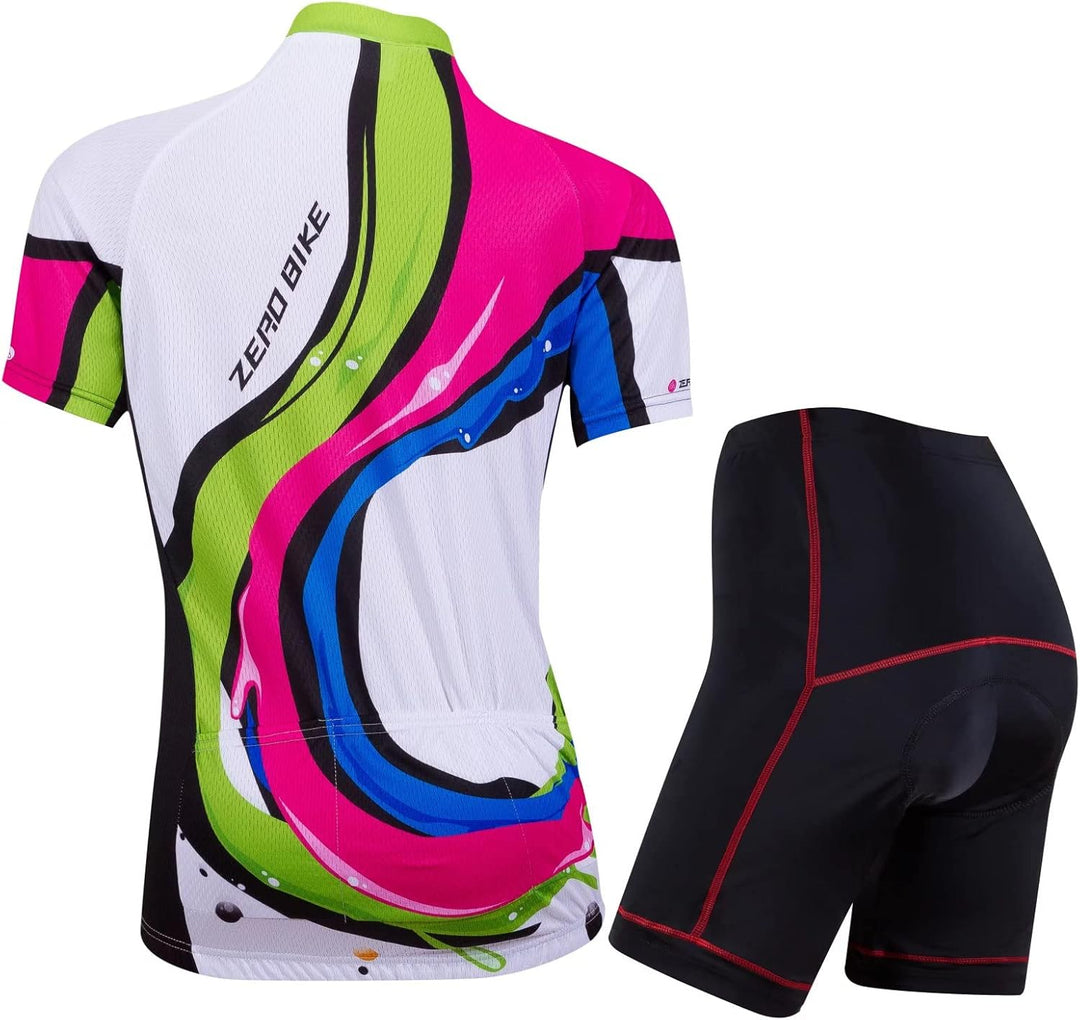 Damen Atmungsaktiv Schnelltrocknend Fahrradtrikot Set, Outdoor Kurzarm Radsport-Shirt + 3D Gel Gepol