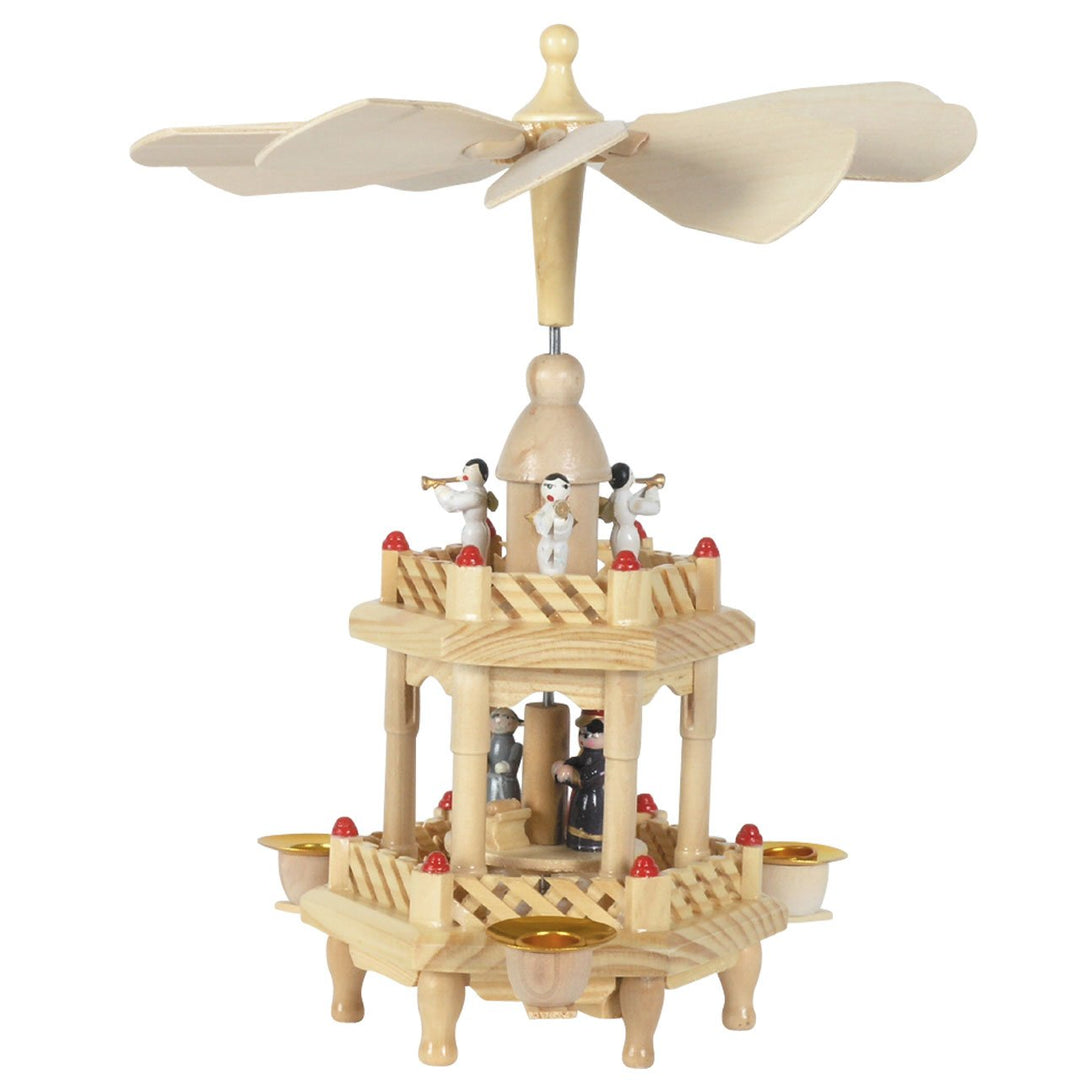 Weihnachts-Pyramide Krippenszene und Engel, 2 Etagen, H: 25 cm, Natur, handbemalt im Kunsthandwerks-