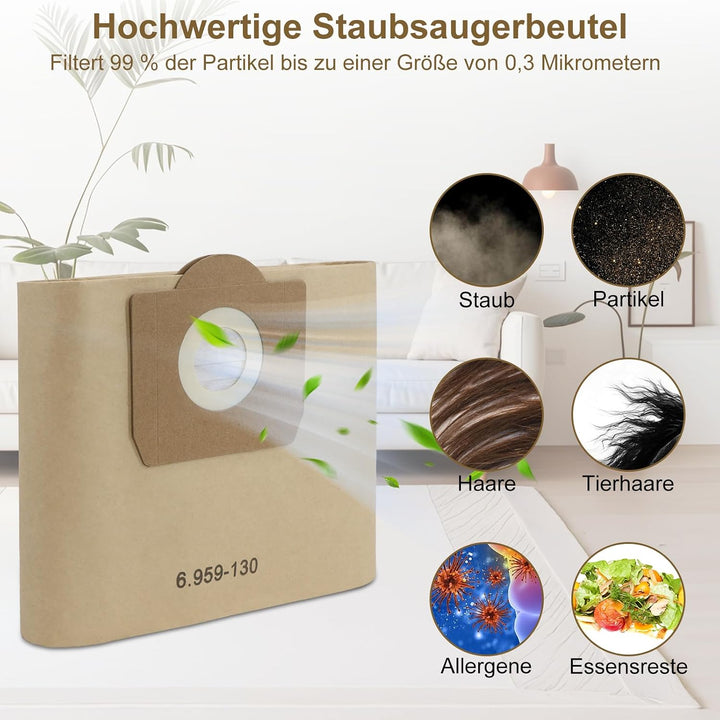 Fishoney 12 Stück WD3 Staubsaugerbeutel für Kärcher 6.959-130.0, Papier filterbeutel für WD3 1629 MV
