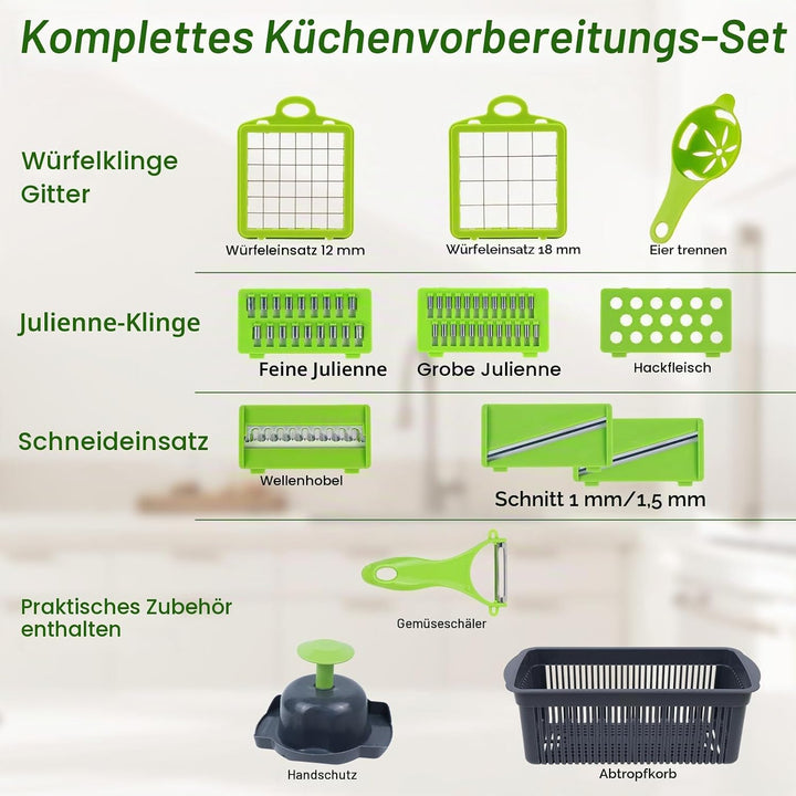 16-in-1 Gemüseschneider &amp; MandoIine – Multifunktionaler Gemüsehobel mit Auffangbehälter, Abtropfkorb