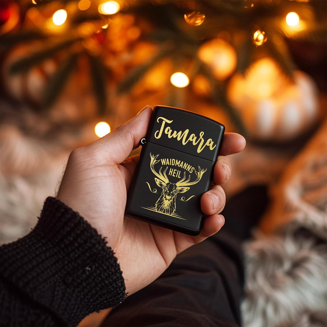 Waidmannsheil Hirsch Zippo Feuerzeug mit Gravur personalisiert | Geschenkidee Jäger Geschenke Männer