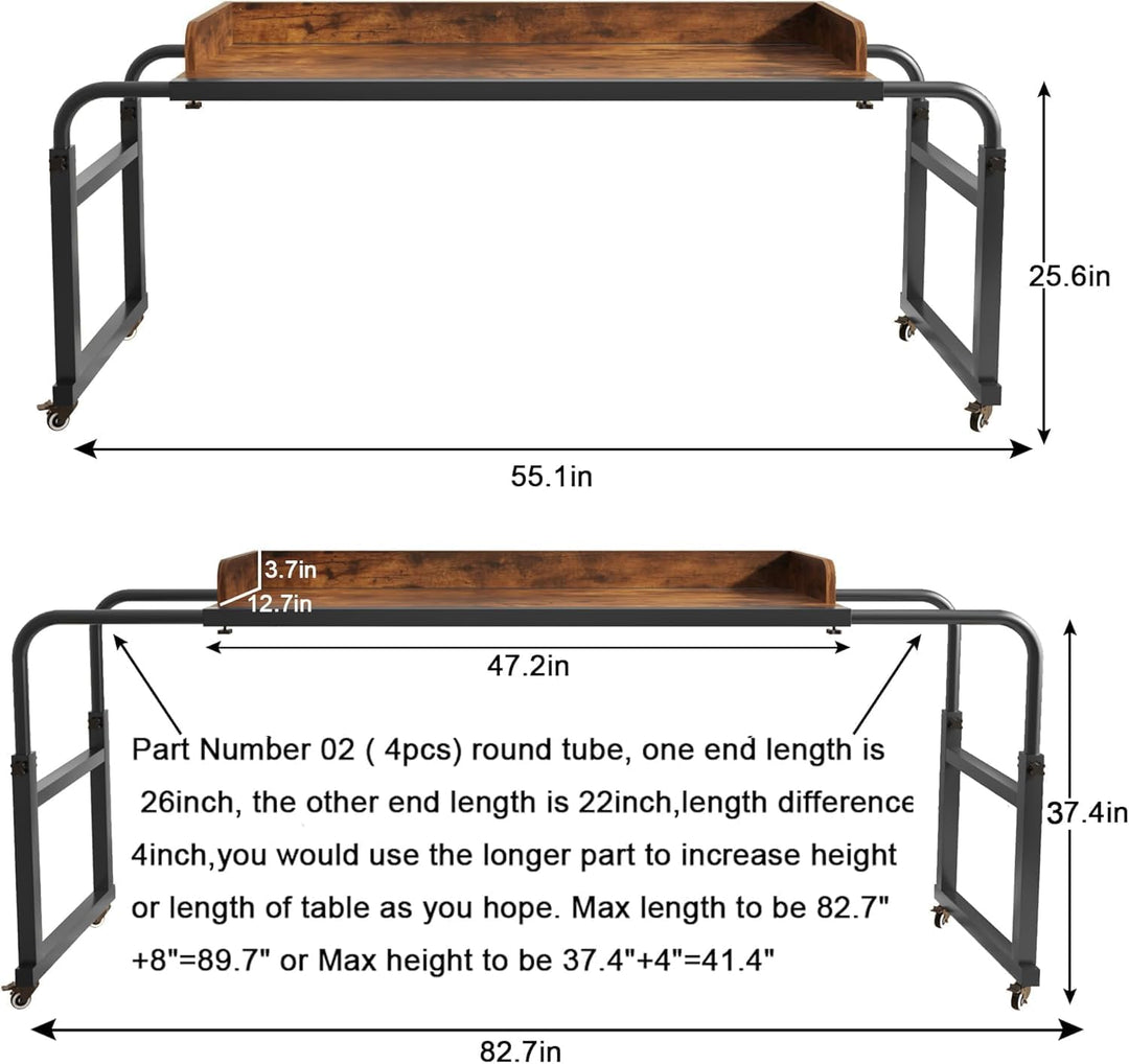 LINGMI Betttisch mit Rollen, Betttisch mit Rollen, höhenverstellbar, Laptop-Tisch, Queen-Size-Bett,