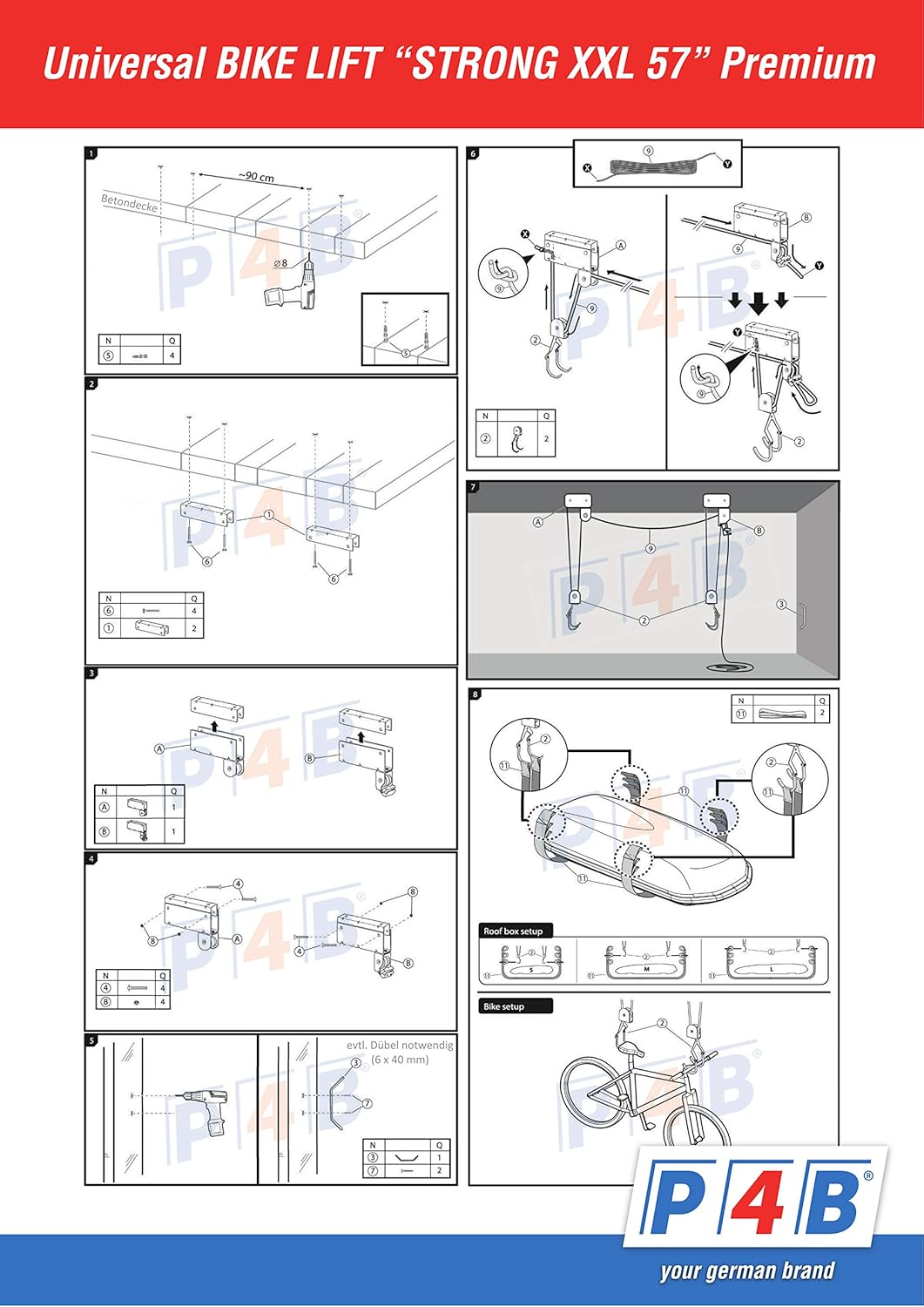 P4B | Fahrradlift mit Flaschenzug - PREMIUM mit 57 kg Hebelast zur Deckenmontage | Inkl. 2x Haltegur