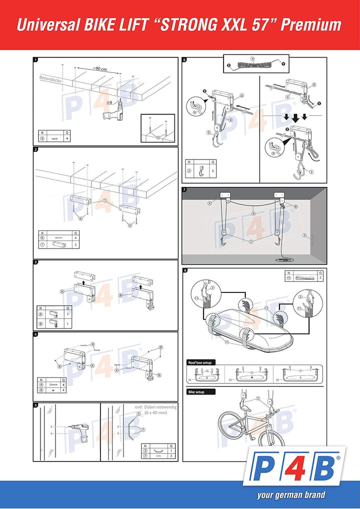 P4B | Fahrradlift mit Flaschenzug - PREMIUM mit 57 kg Hebelast zur Deckenmontage | Inkl. 2x Haltegur