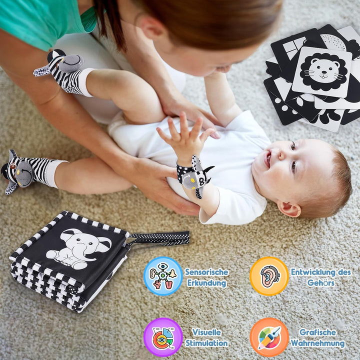 Kontrastbuch Baby Schwarz Weiss Spielzeug, Kontrastkarten Baby Spielzeug 0-12 Monate Rasselsocken Ba