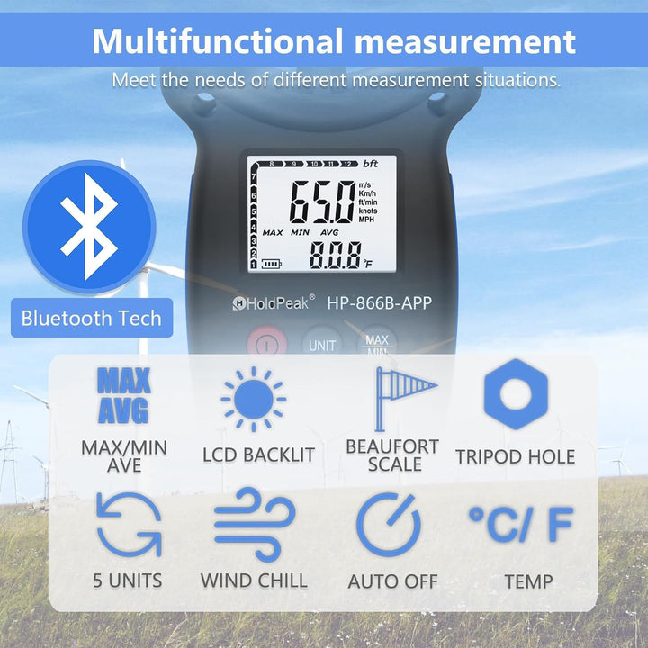 Anemometer Bluetooth Wireless Handheld 866B-APP, Anemometer Bluetooth Windmessgerät misst Windgeschw