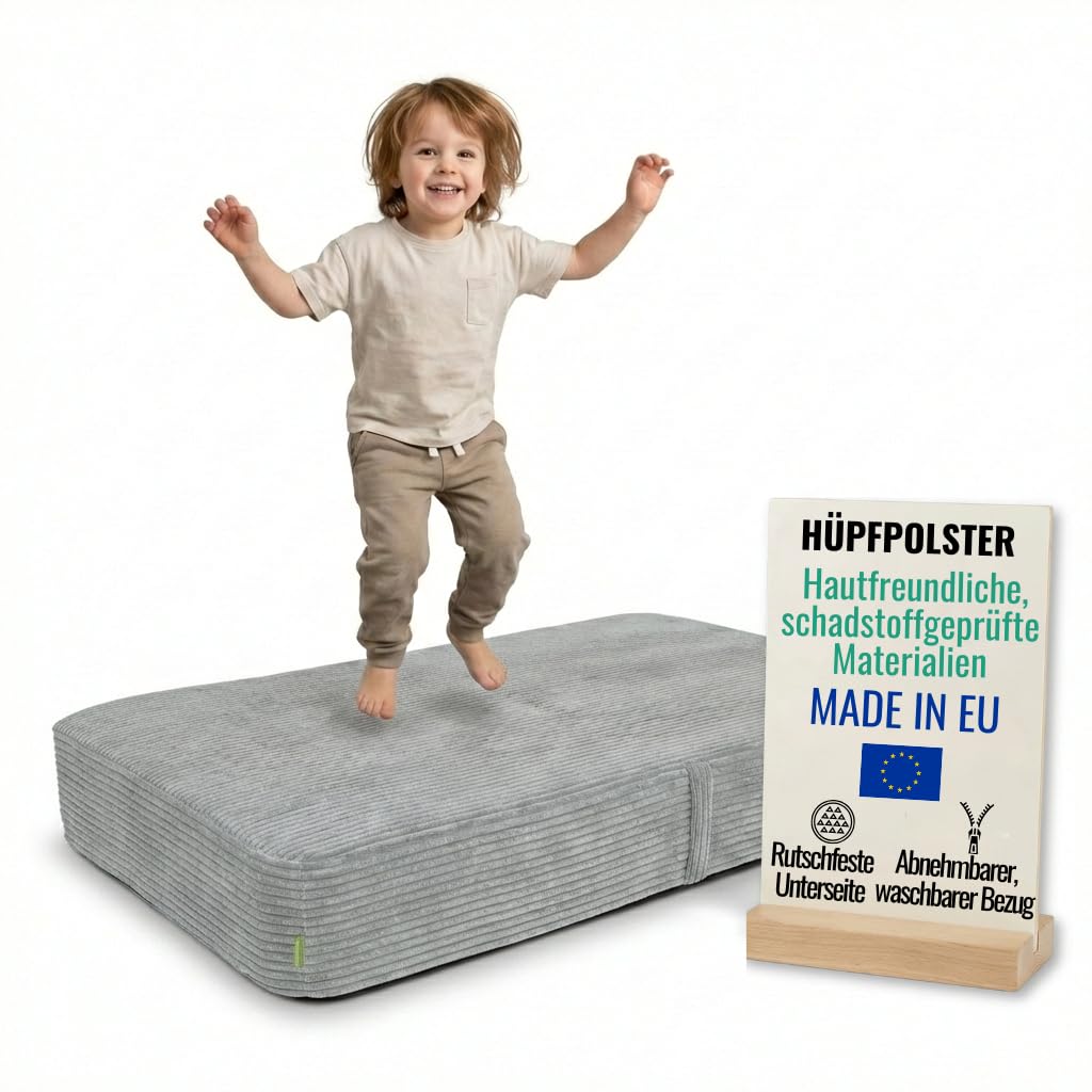 Hüpfpolster für Kinder Indoor 70x110x17 cm, mit abnehmbarem Bezug Hellgrau, Hellgrau