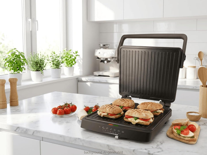 Steba FG 75 Panini-, Kontakt- und Tischgrill | PFAS-freie Grillplatten 27 x 24 cm, Betriebs- &amp; Tempe