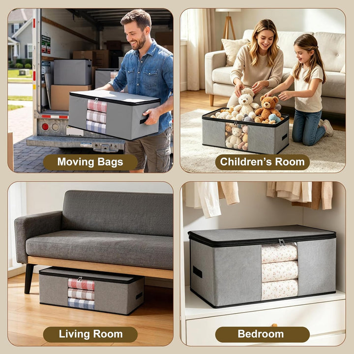 Cozary 3 Stück 60L Unterbett Aufbewahrungsbox, Faltbare Aufbewahrungstasche mit Deckel und Klaren Fe