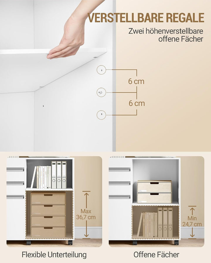 Hzuaneri Rollcontainer, mobiler Aktenschrank, Büroschrank mit 3 Schubladen, 2 offenen Fächern, Schub