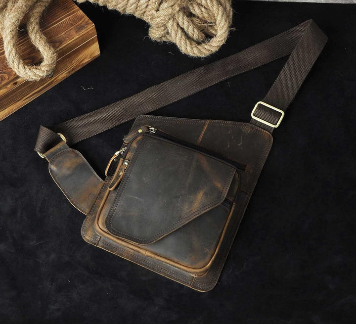 Le’aokuu Herren Echtes Leder Brusttasche Crossbody Bag Sling Bag Schultertasche Gurteltasche Umhänge