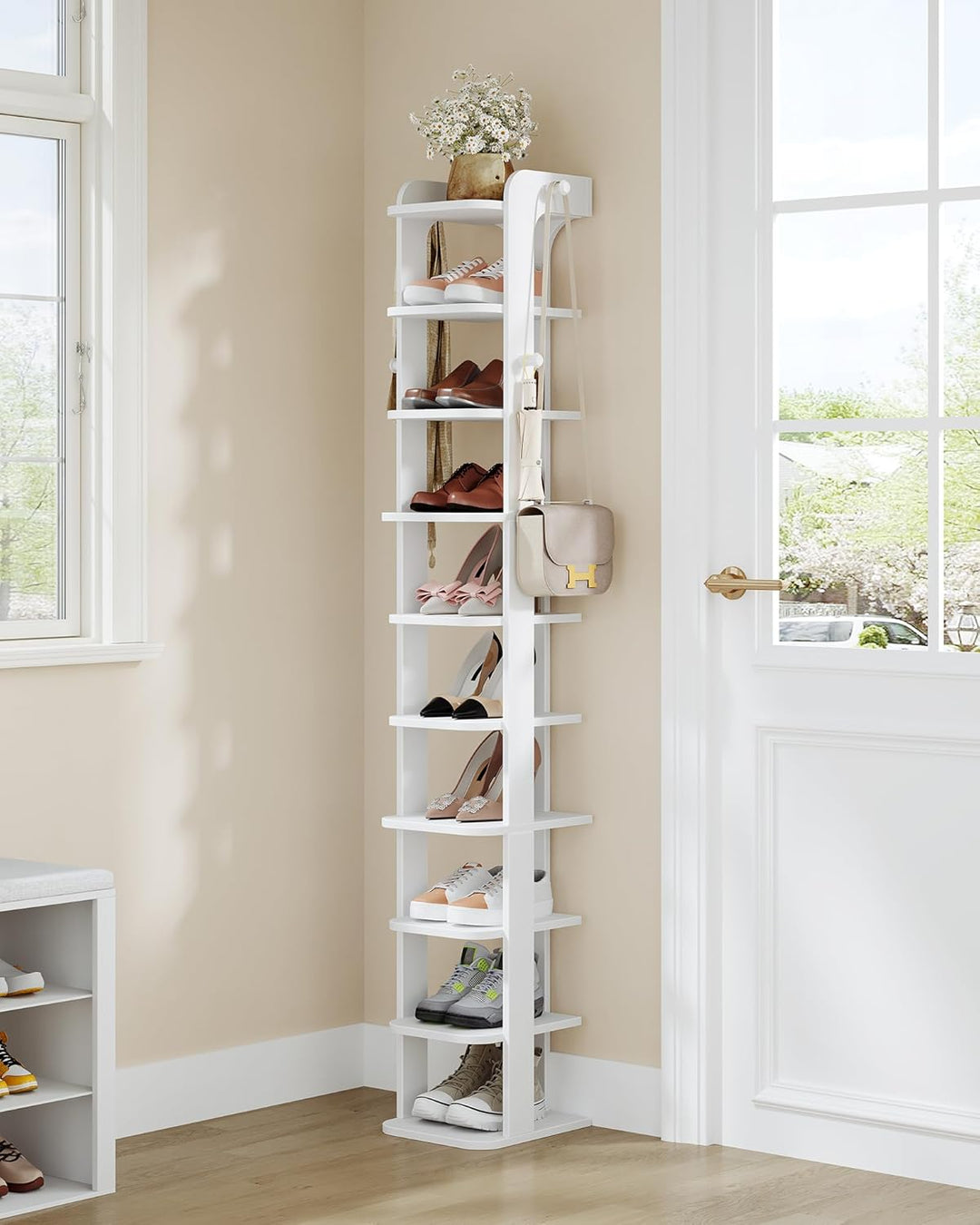 Hzuaneri Schuhregal, Schmales Schuhablage mit 10 Ebenen, Holz-Schuh-Organizer mit Haken, Verstellbar