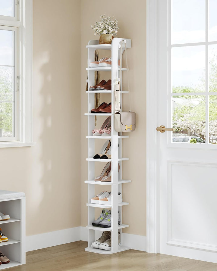 Hzuaneri Schuhregal, Schmales Schuhablage mit 10 Ebenen, Holz-Schuh-Organizer mit Haken, Verstellbar