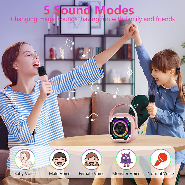 Karaoke Maschine Kinder mit 2 Mikrofonen, Tragbare Bluetooth Lautsprecher mit Telefonhalterung/Dynam