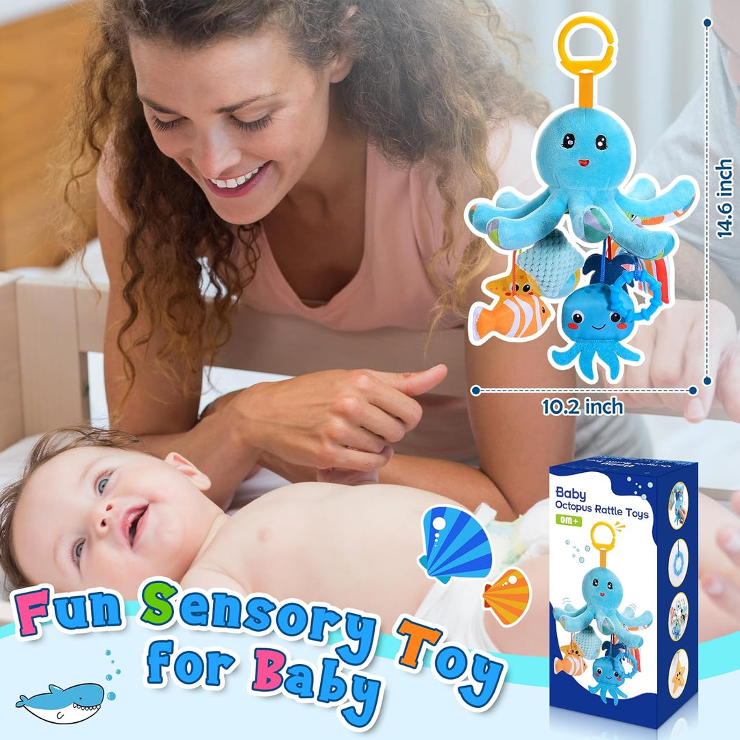 Plüsch Oktopus Baby Spielzeug 0-18 Monate – mit 8 hängenden Sensory-Spielzeugen &amp; Spiegel– Baby Mont