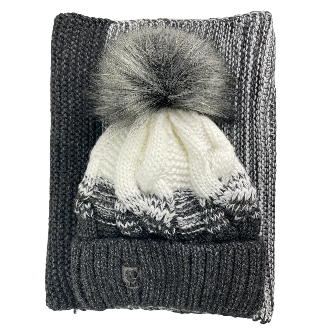 Mütze &amp; Schal Set achti I 2 teilig I Damen Kombi - Beanie mit grossem Bommel und Loop I kuschelig ge