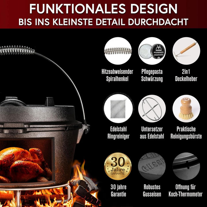 Dutch Oven Set–Eingebrannter Dutch Oven 4,5L [2-4Person]–Feuertopf Gusseisen ohne Füsse–Schmortopf D