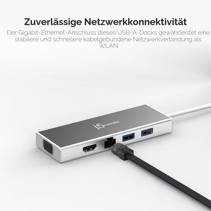 j5create USB 3.0 Hub mit HDMI, VGA, RJ45 Gigabit Ethernet, 2xUSB-A 3.1 - Schnelle Datenübertragung f
