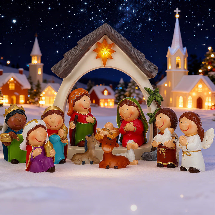 Weihnachtskrippe Set 12-teilig, Jesu Geburt mit Maria Josef Jesuskind, 3 Könige, Hirten &amp; Engel, Fig