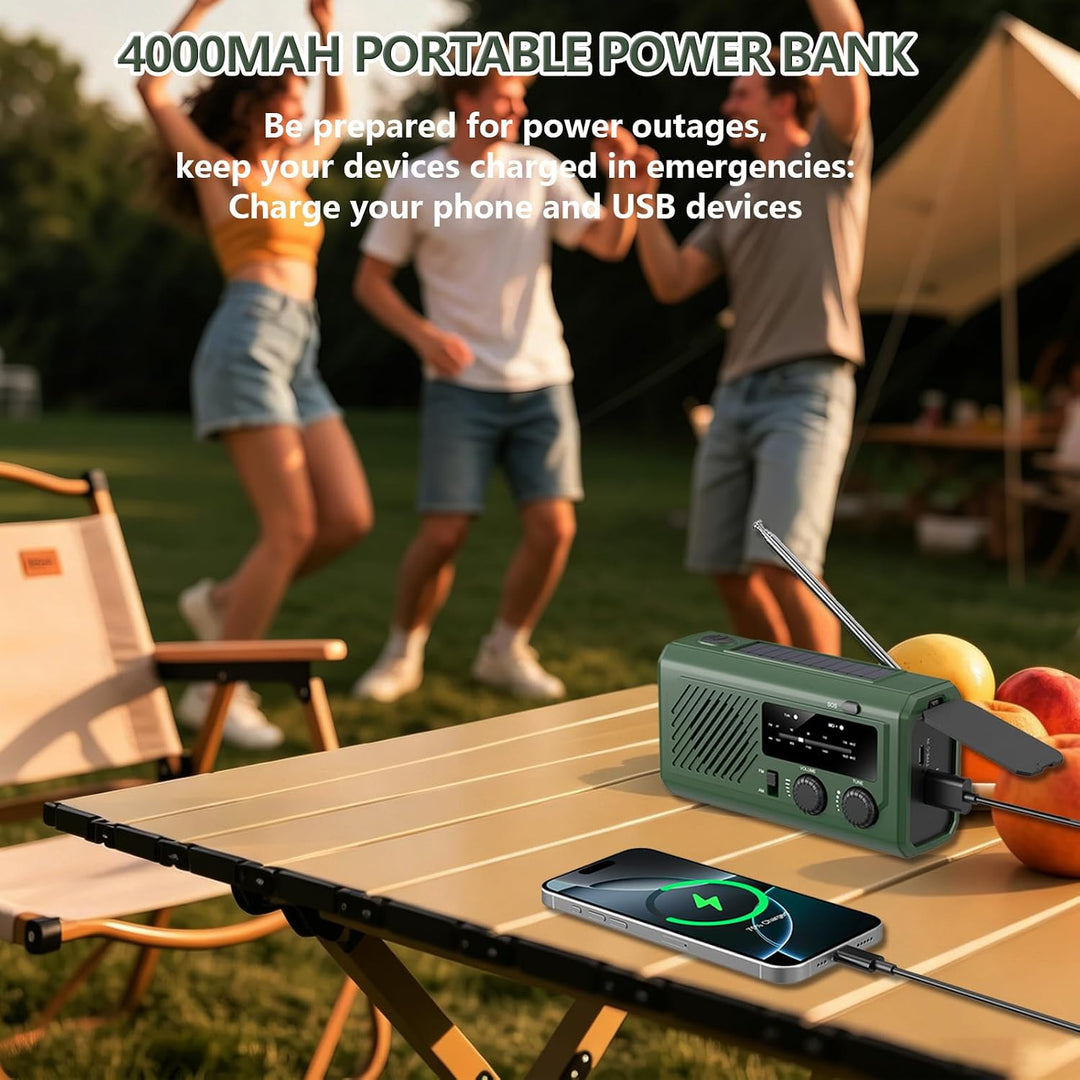 4000mAh Kurbelradio Notfallradio mit Powerbank, Solar &amp; USB Aufladbar, AM/UKW Radio mit SOS-Alarm, L