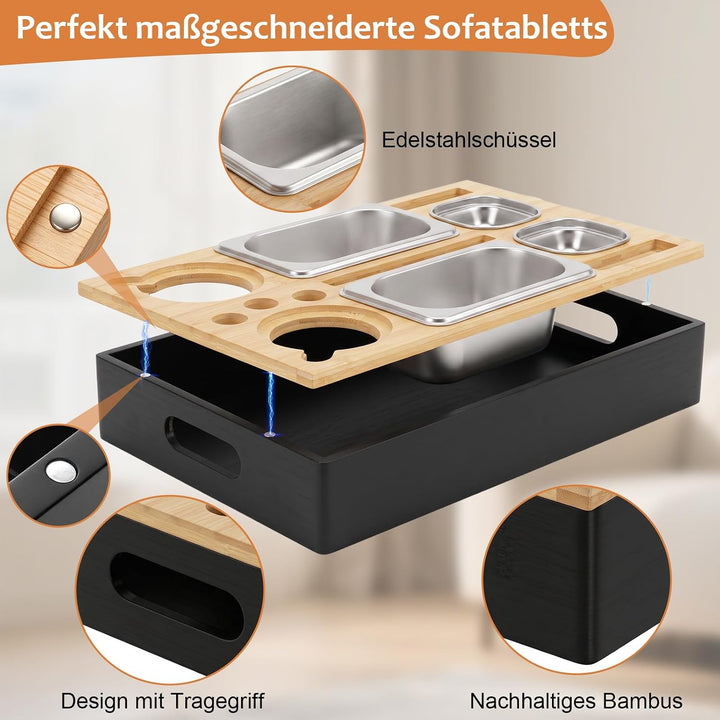 Couchbar Snackbox aus Bambus inkl. Geschenkbox, Sofa Tablett mit Snackschalen, Snack Organizer für S