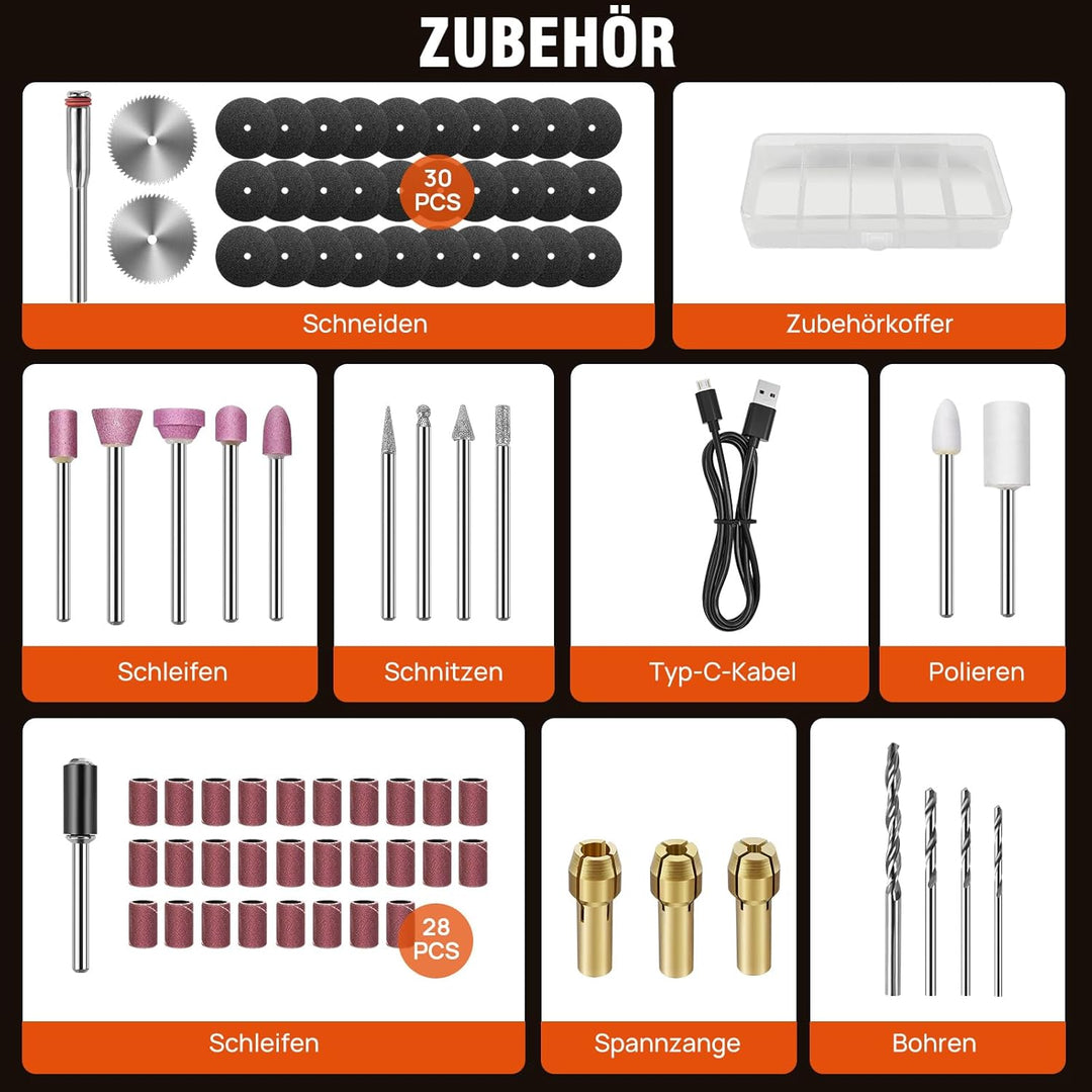 3.7V Multifunktionswerkzeug, 5 Gang Gravierstift (3000-18000rmp), mit 80 Stück Zubehörteilen Akku Ro